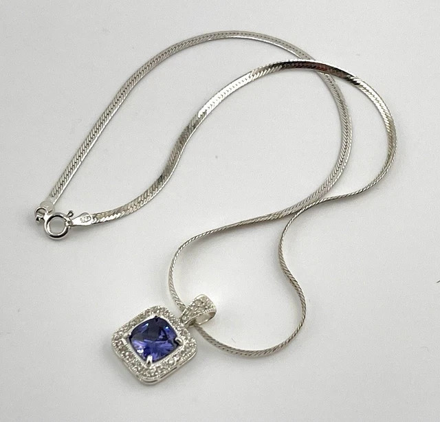 Cushion Cut Lab-Created Blue Tanzanite 925 Silver Pendant 14k White Gold Plated