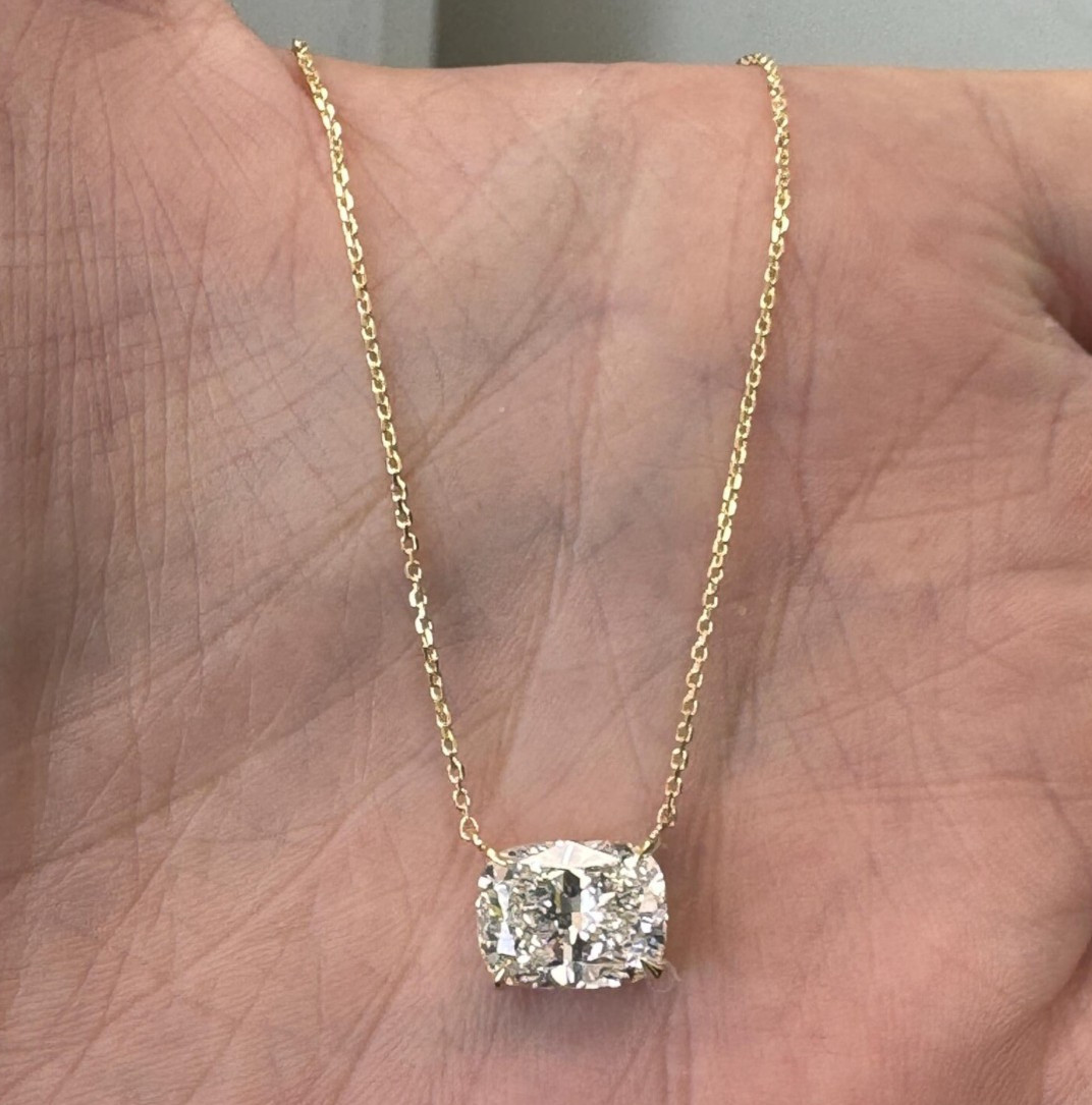 5Ct Cushion-Cut EF/VS1 Lab Grown Diamond Prong Necklace& Pendant 14k Yellow Gold