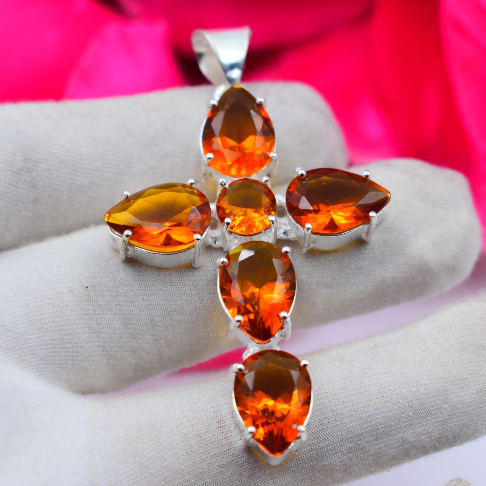 Orange Hessonite Gemstone Handmade 925 Sterling Silver Jewelry Pendant Size-2.5″