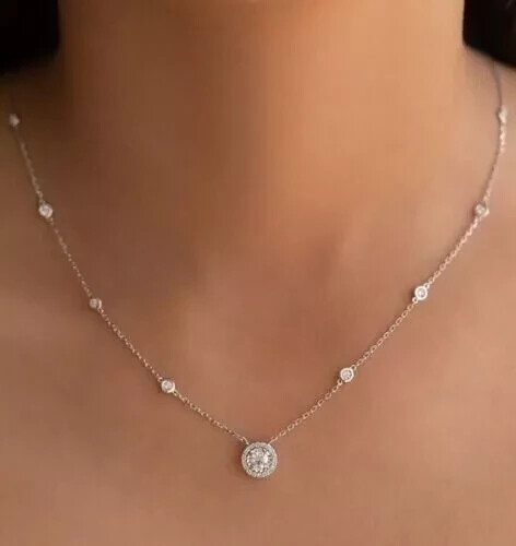 Lab Created Necklace Women Pendant 2CT Round Cut Diamond 14K White Gold Plated