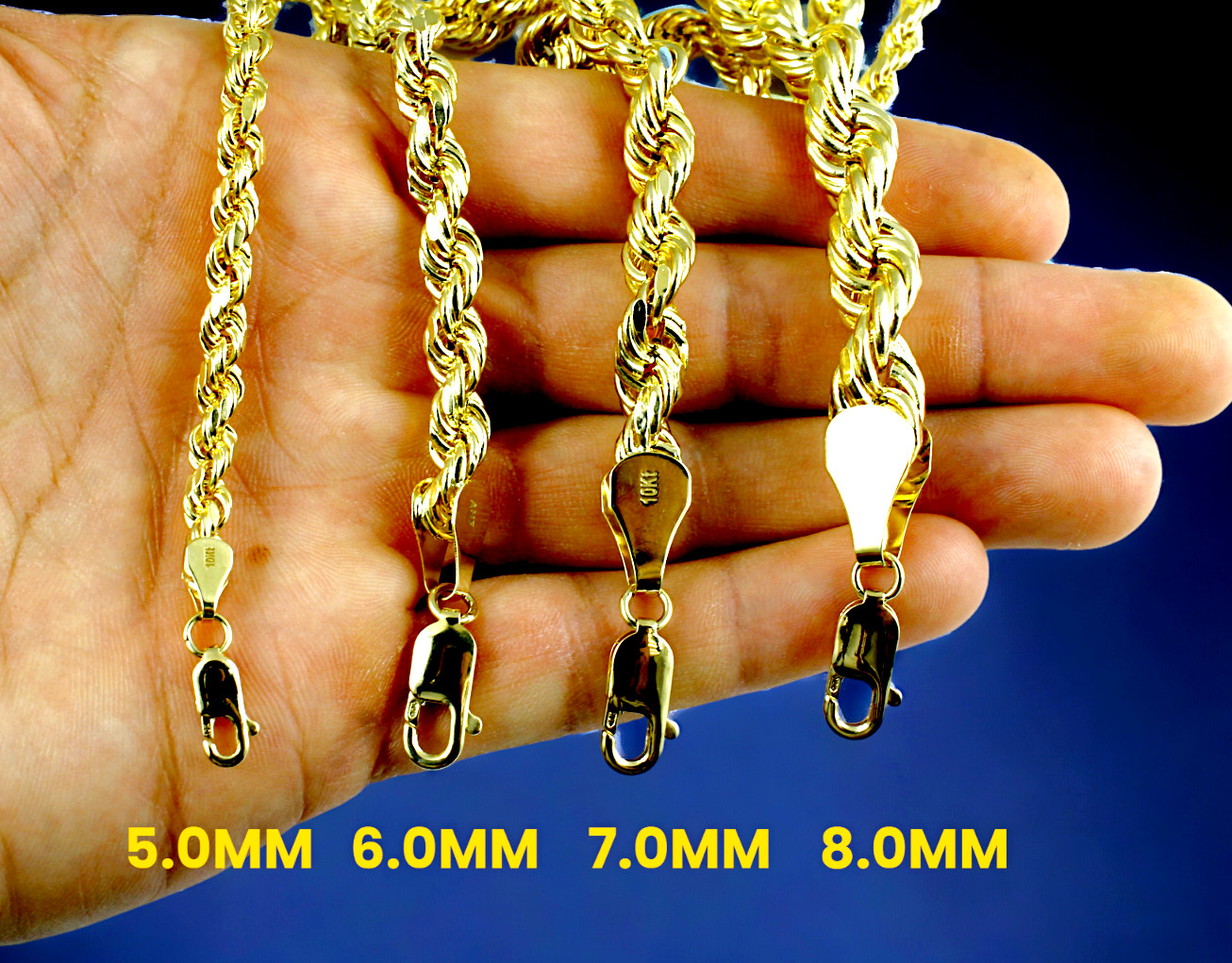 10K Yellow Gold 2mm-10mm Rope Chain Necklace Diamond Cut All Sizes Real