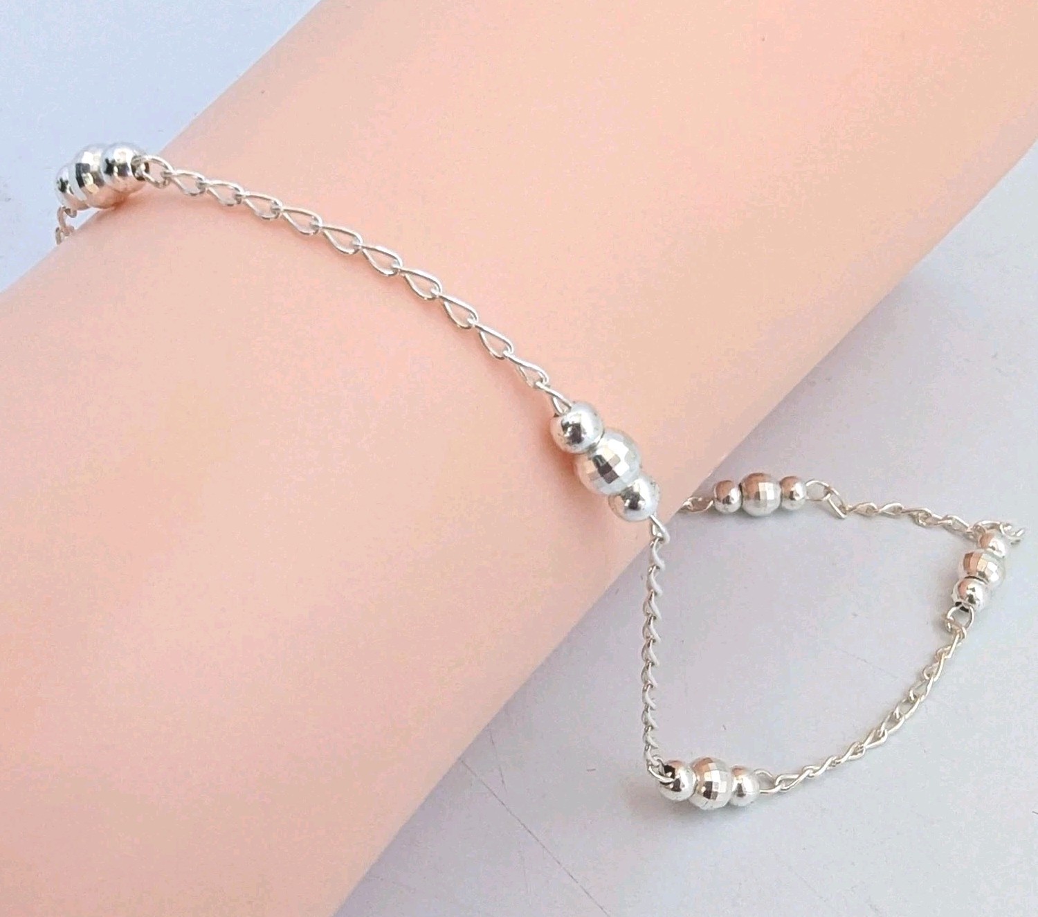 Sterling Silver 925 RCI Chain & Beads Bracelet Anklet 10″