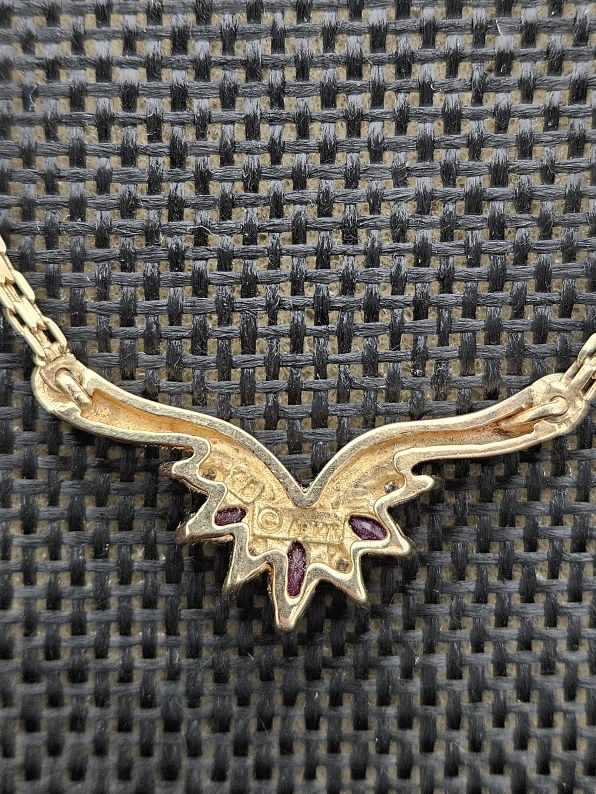 14K Solid Yellow Gold Bar Set Natural Ruby & Diamond Pendant Necklace