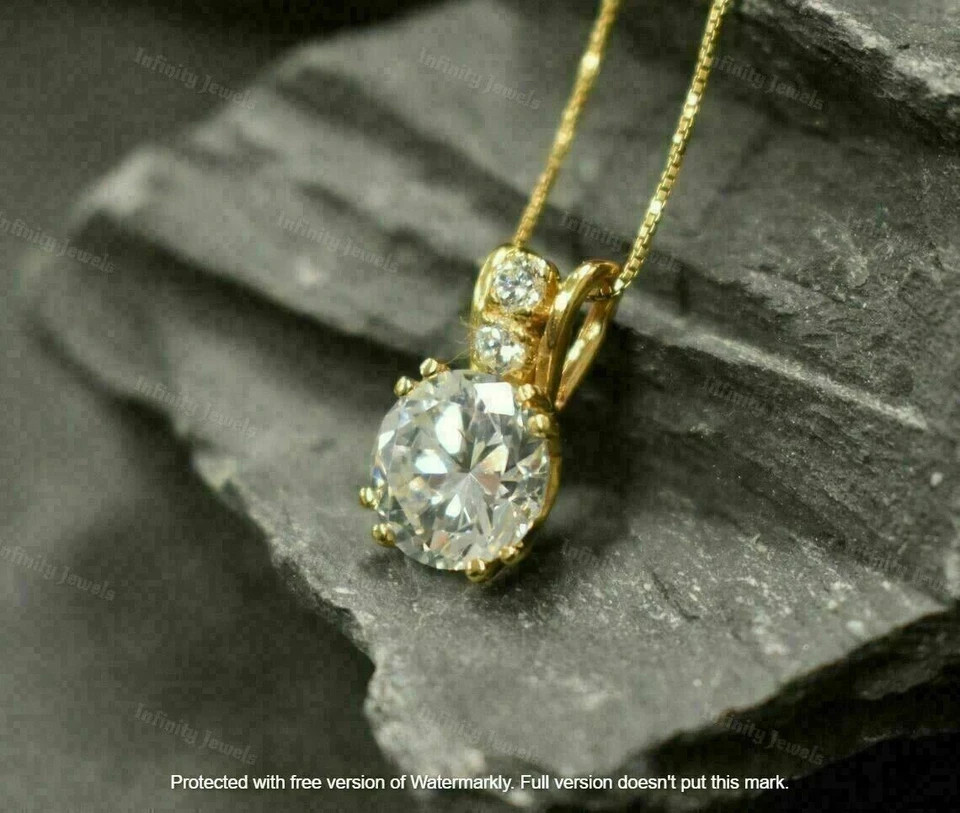 2Ct Round Cut VVS1/D Diamond Solitaire Pendant 14K Yellow Gold Finish Free Chain