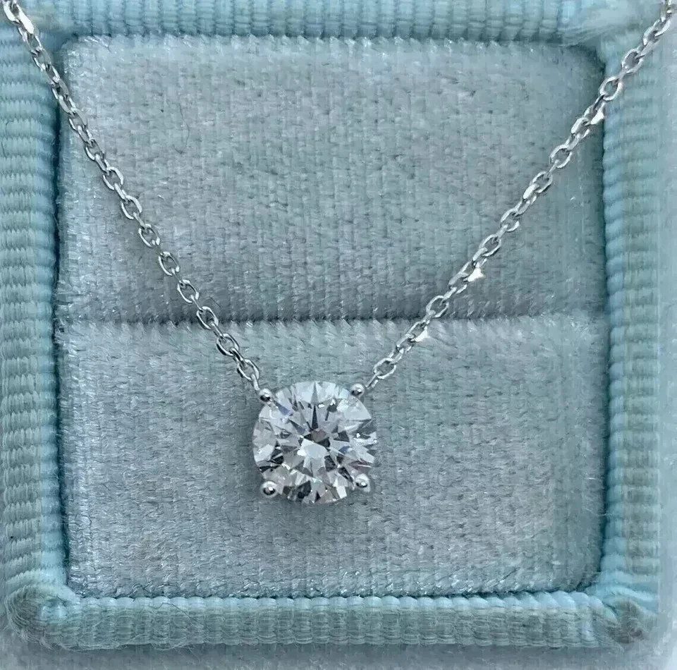 1.00Ct Round Cut Moissanite Solitaire Pendant Free Chain 14K White Gold Finish