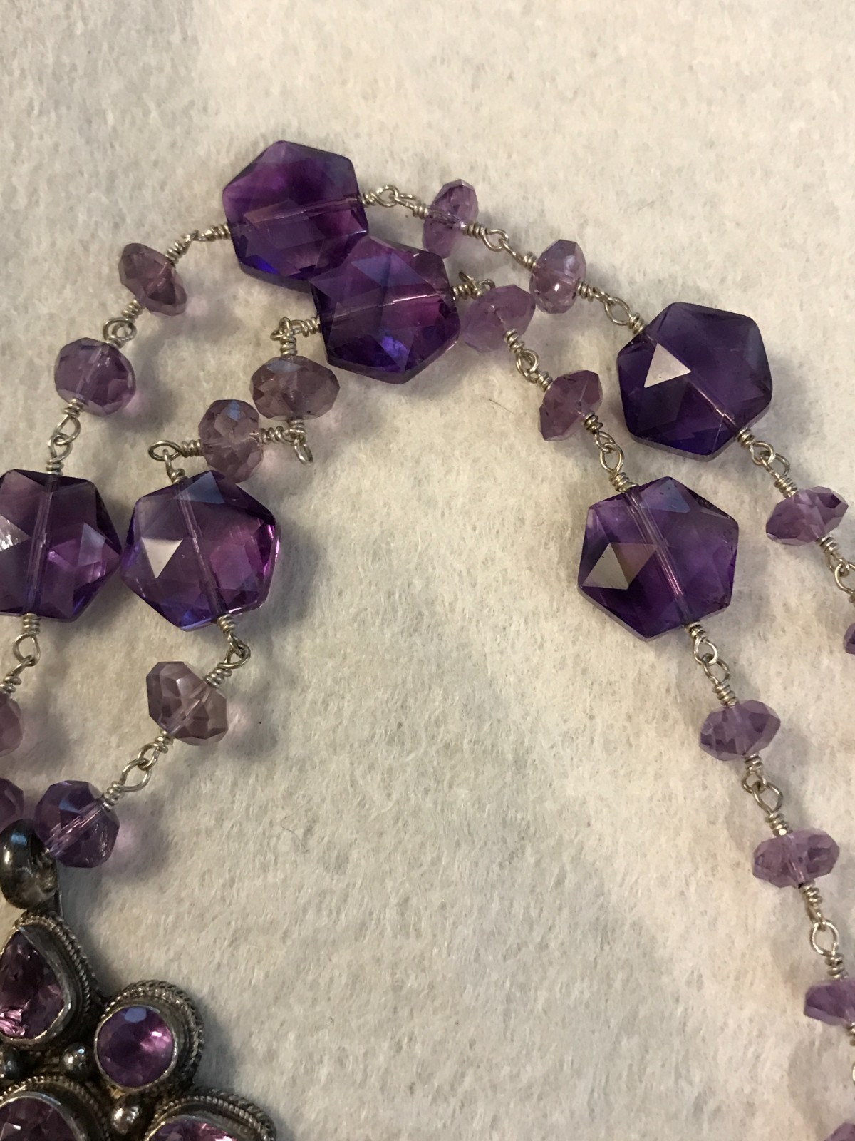 Vintage Faceted Amethyst Flower 16″ Sterling Silver Toggle Necklace Unknown Mark