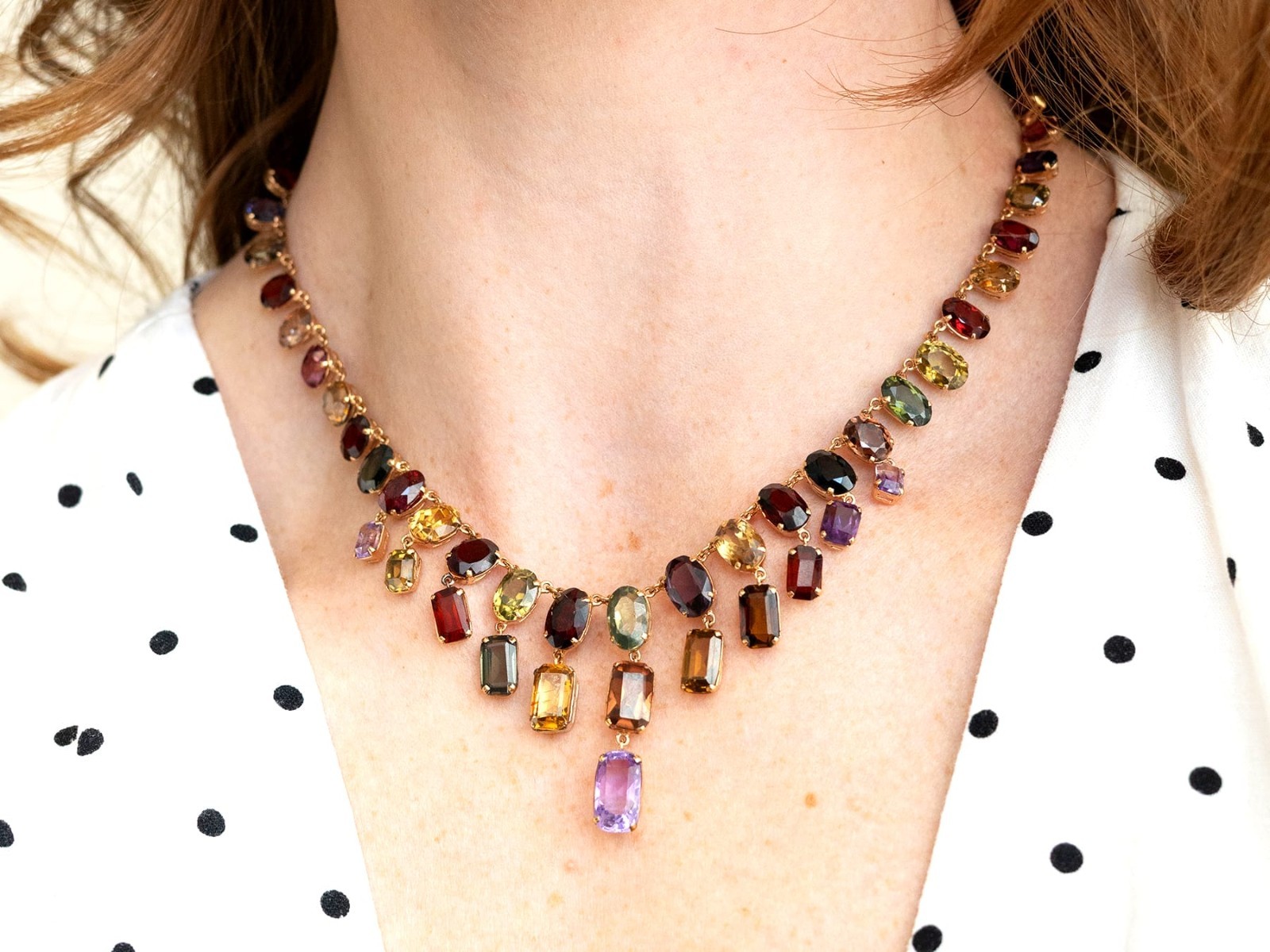 60.69Ct Zircon 6.63Ct Amethyst and 0.93Ct Iolite 9k Rose Gold Fringe Necklace