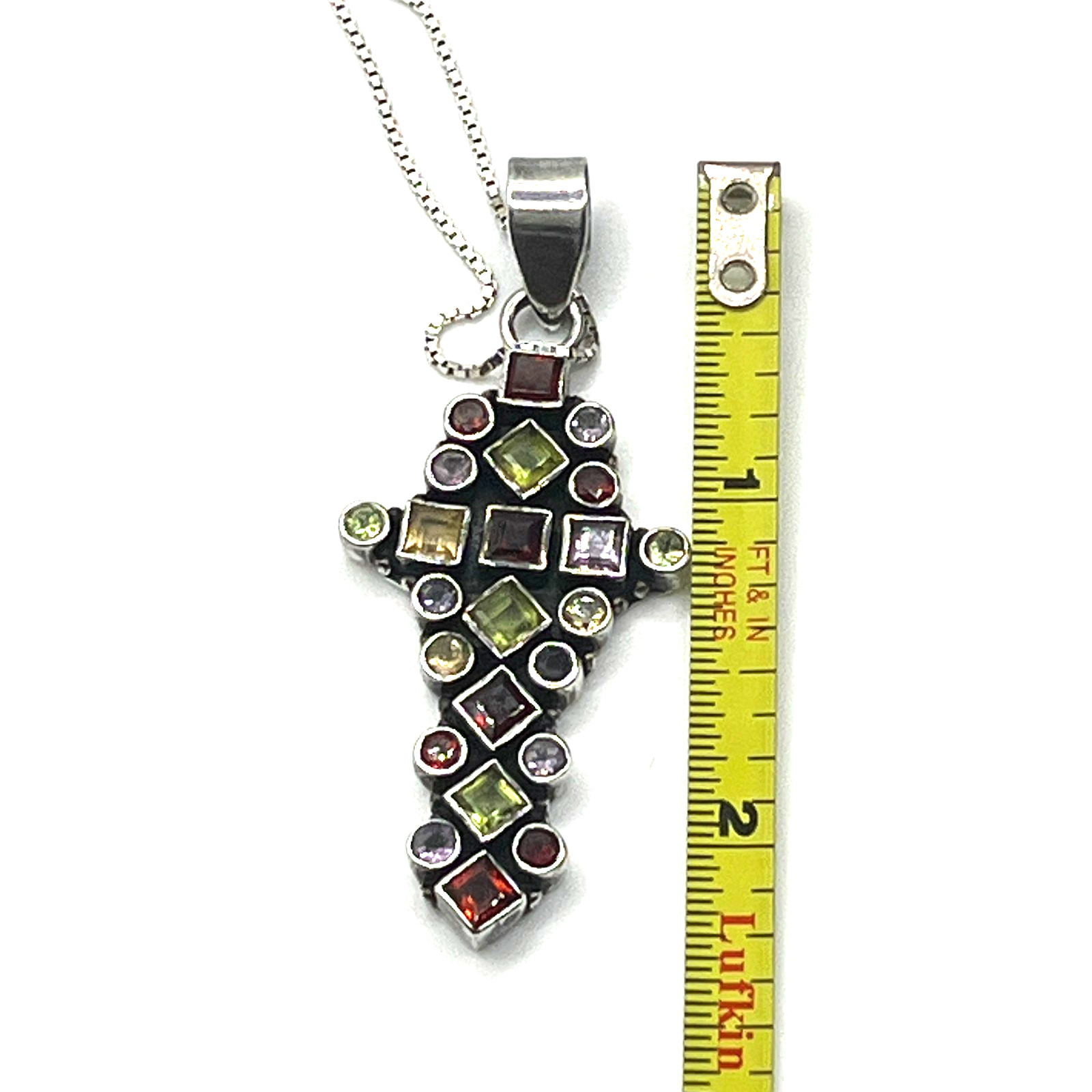 Cross Pendant Necklace Multi Gemstone Peridot Garnet Citrine VTG Sterling 925