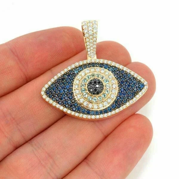 2 Ct Lab-Created Blue Diamond Evil Eye Charm Pendant 14k Yellow Gold Plated