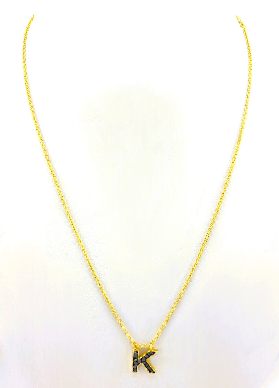 Joya “K” Initial Necklace Crushed Black Diamond 18″ Sterling Gold tone 1230