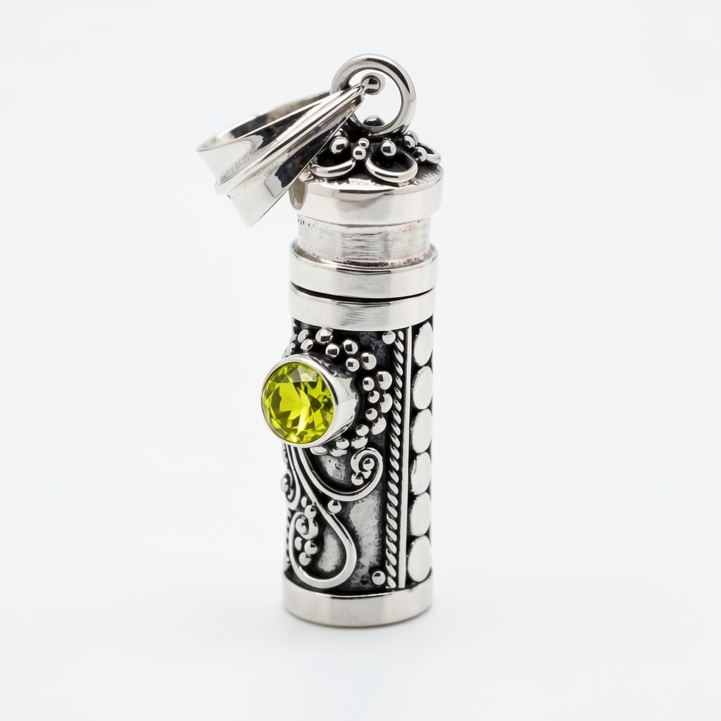 925 Sterling Silver Prayer Box Pendant 1″ Peridot Handcrafted Bali Locket