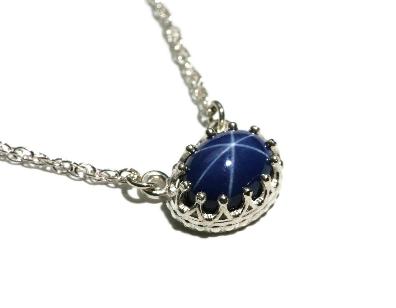 Blue Star Sapphire Crown Bezel 18″ Necklace (8x6mm Lab Created)
