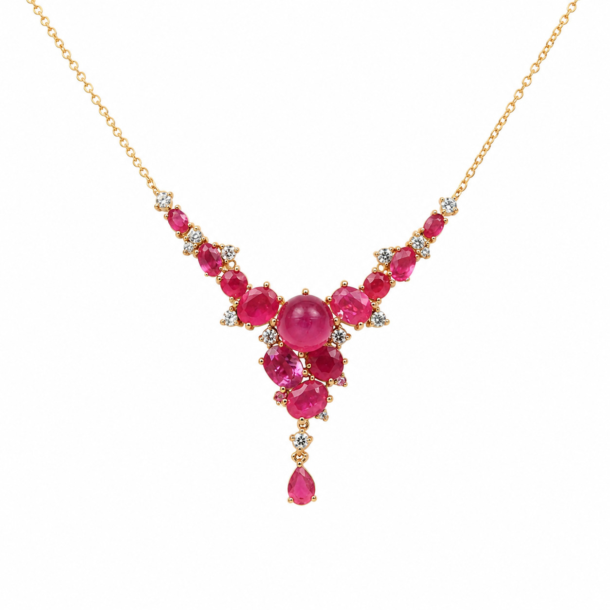 925 Sterling Silver 9 mm. Pink Ruby White Zircon Necklace 18.0 In.