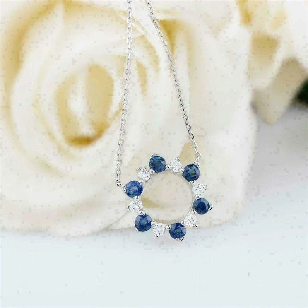 2Ct Round Cut Blue Sapphire & Diamond Pendant 14K White Gold Finish Free Chain