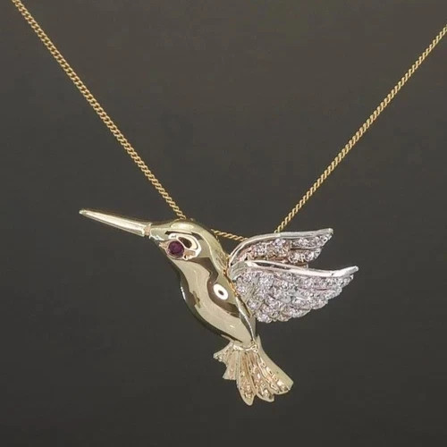 14K Yellow Gold Plated Round 1Ct Lab Created Diamond Hummingbird Beauty Pendant