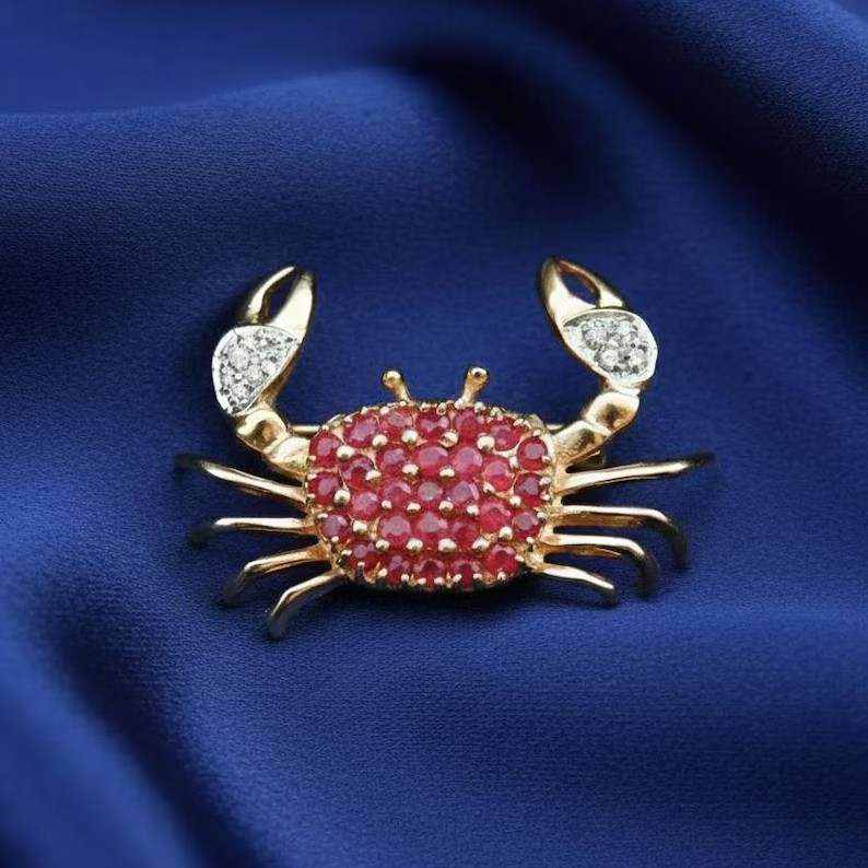 Ruby Crab Brooch Pin Red 2Ct Round Cut Real Moissanite 14k Yellow Gold Plated