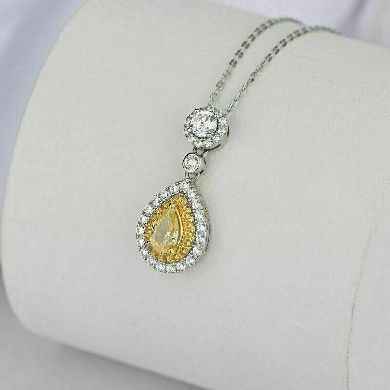 2Ct Pear Cut Yellow Citrine Teardrop Pendant 14K White Gold Finish 18’Free Chain