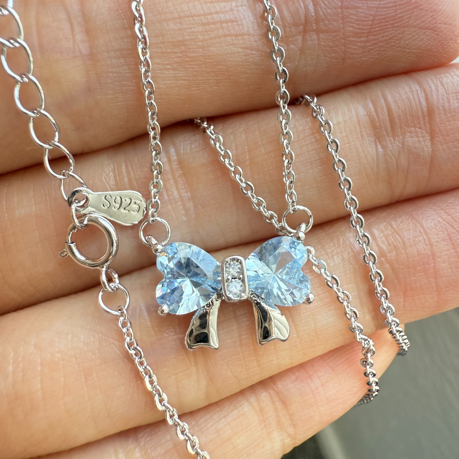 925 Sterling Silver Necklace 6mm Heart Natural Topaz Gemstone Zircon Chain Bow