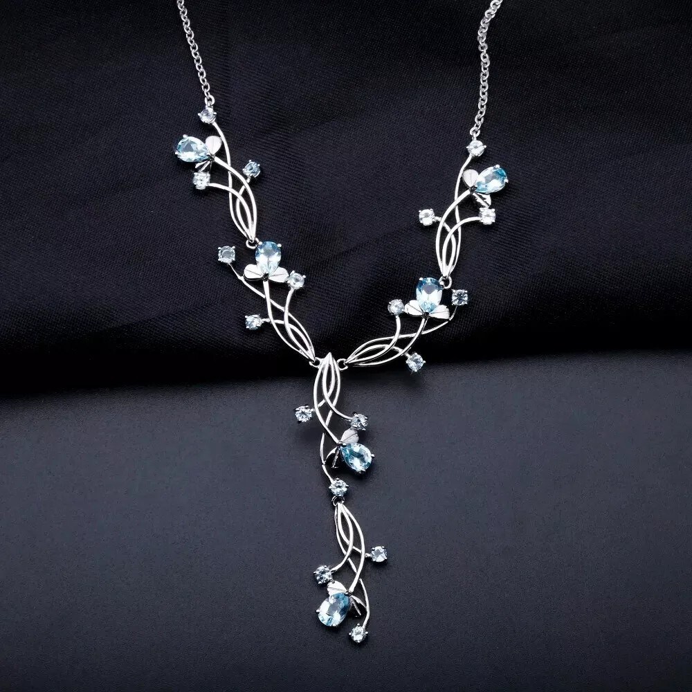 Natural 7.89Ct Sky Blue Topaz Gemstone 925 Sterling Silver Bridal Necklace