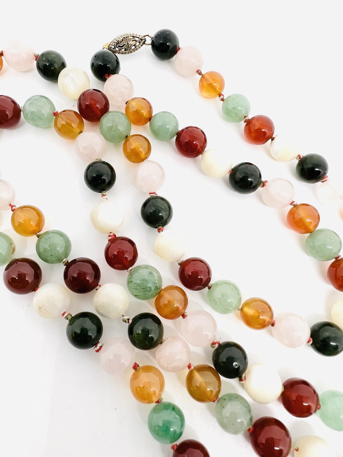 Sterling Silver Carved Multi Gemstone Beaded Necklace 67gm 32 in Vintage Jewelry