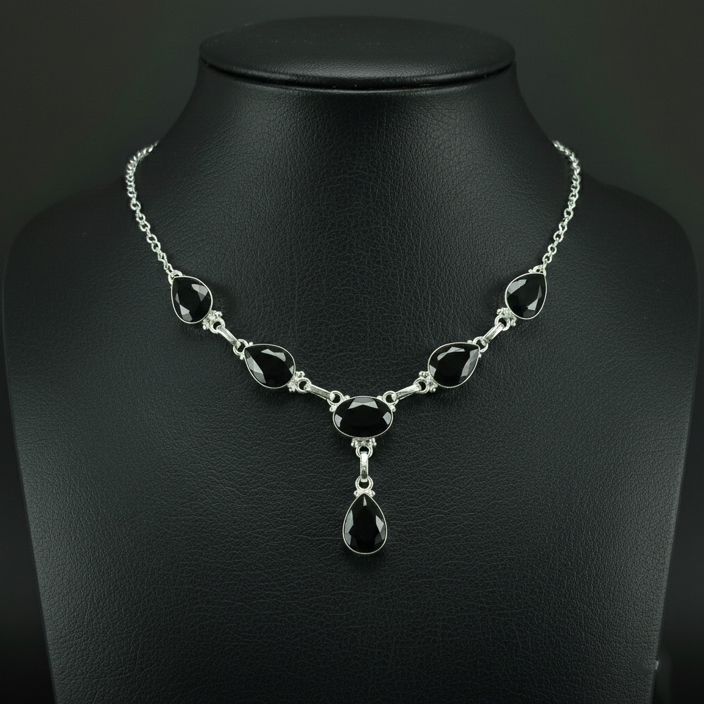Black Onyx Gemstone 925 Sterling Silver handmade Gift Necklace 18″