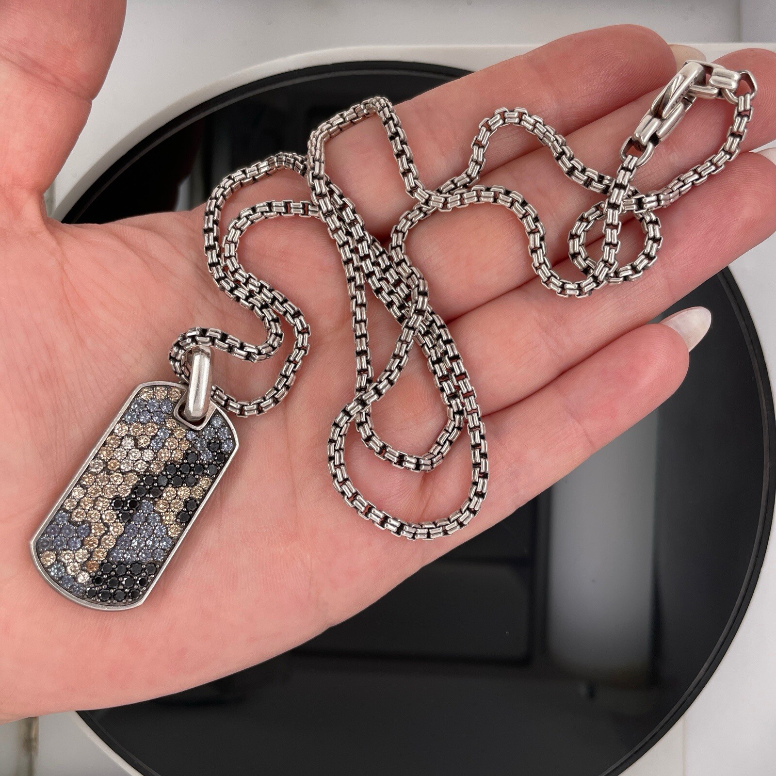 David Yurman Silver Diamonds & Garnets Chevron Tag Pendant Necklace $5000 Retail