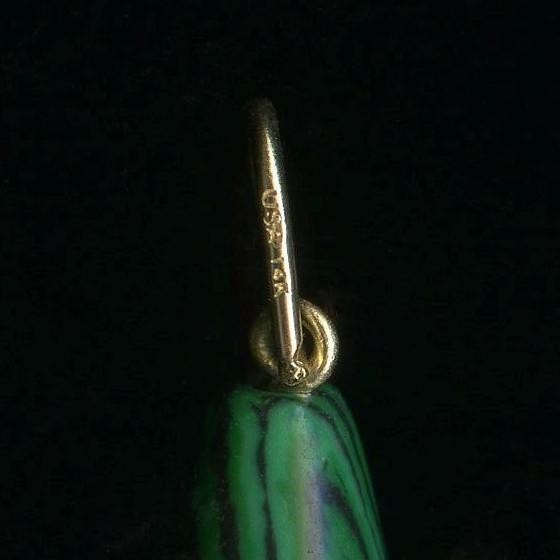 14K 1.5 Gram Solid Yellow Gold 23mm Briolette Pear Green Malachite Pendant a2cp