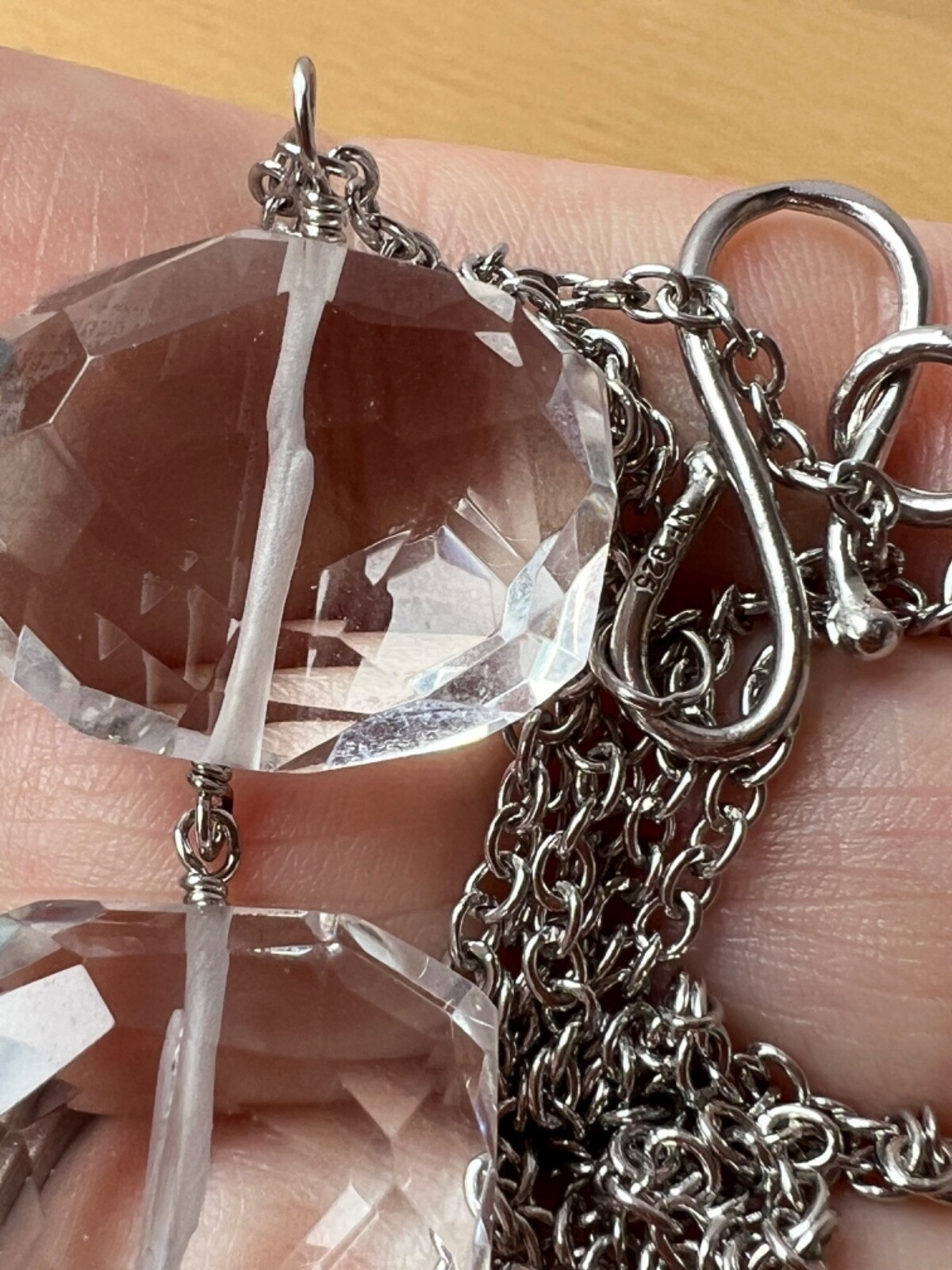 ARTISAN ROCK CRYSTAL CLEAR COLORLESS QUARTZ LONG NECKLACE 925 STERLING DESIGNER