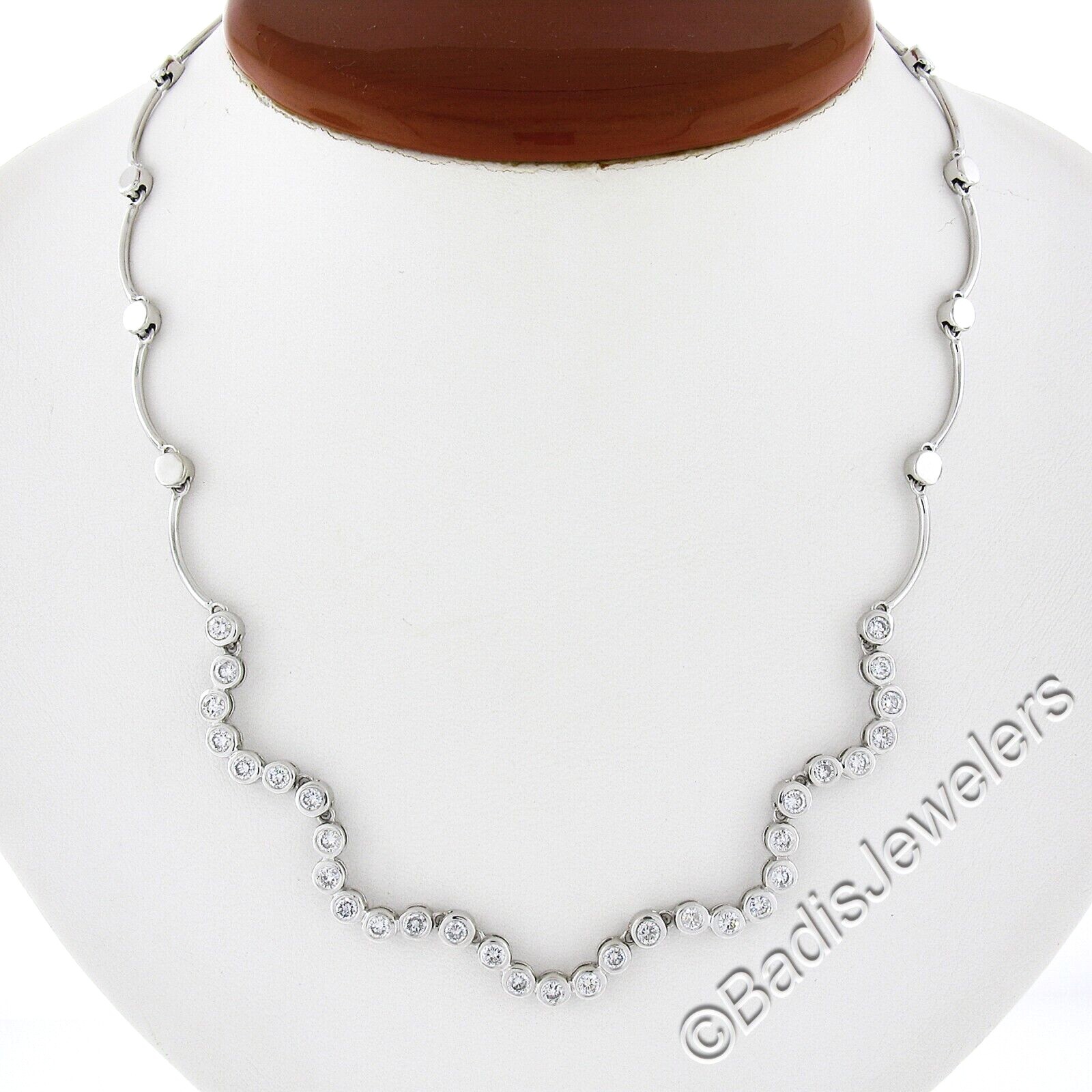 14K White Gold 16.5″ 2.50ctw Round Brilliant Bezel Diamond Wavy Link Necklace