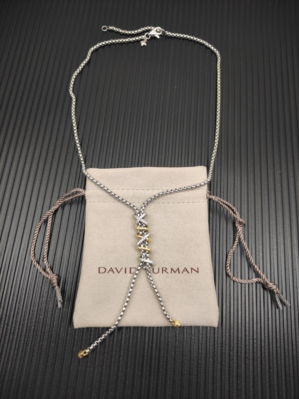 David Yurman Intertwined Lariat Pendant 925Silver 18K Gold Diamond Necklace 55cm