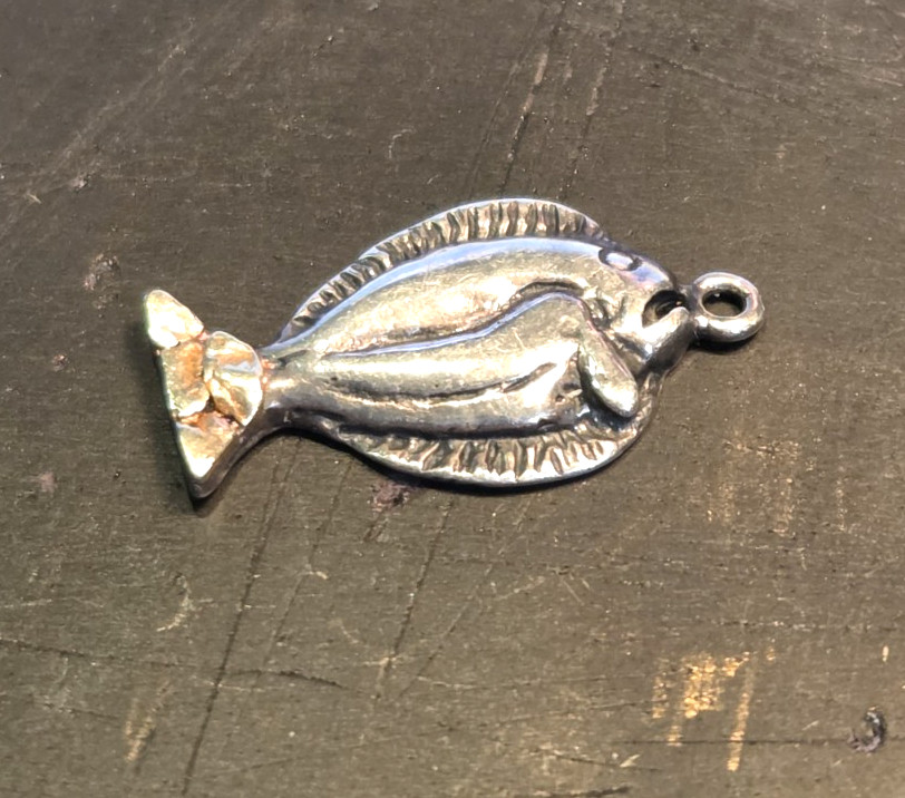 Fishing for Gold Alaskan HALIBUT Charm Sterling Silver w/gold Nugget (RK-408)