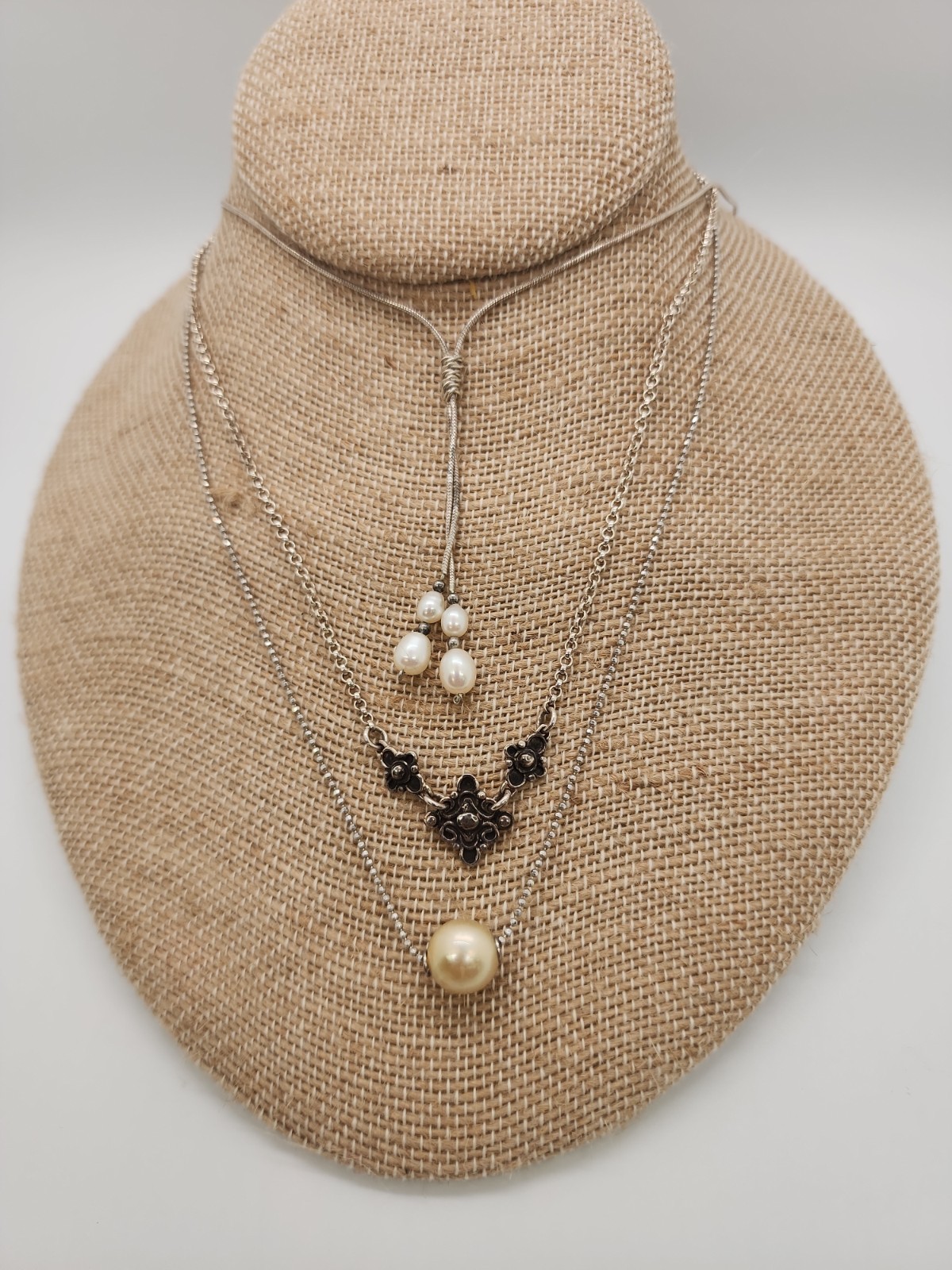 Lot of 3 925 Necklaces Pearl Lariat, Solitary Pearl, & Ornate Pendant