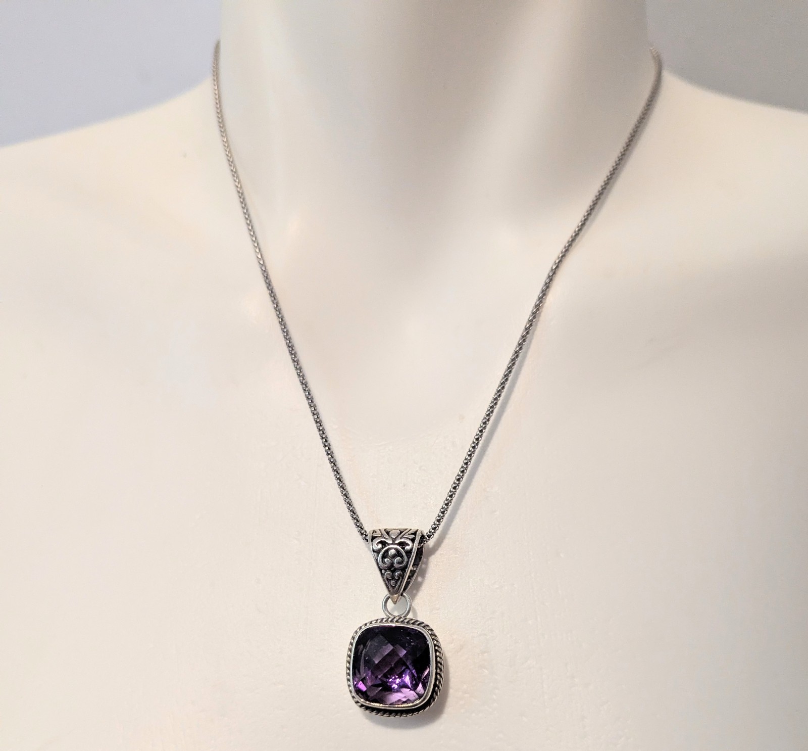 Sterling Silver Cushion Cut Purple Amethyst Filigree Popcorn Link Necklace