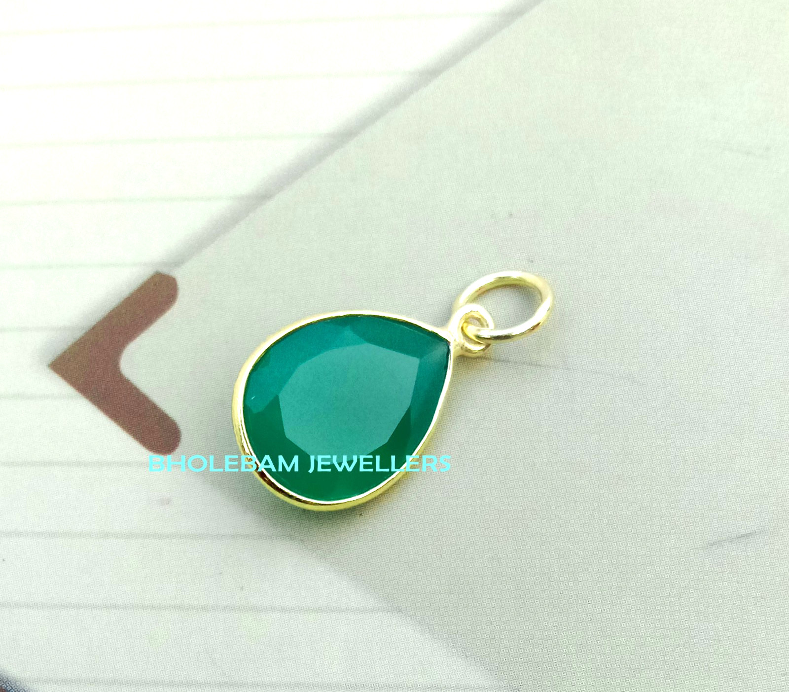 Natural Green Onyx Charm Necklace, 18k Yellow Gold Pendant , Handmade Jewelry