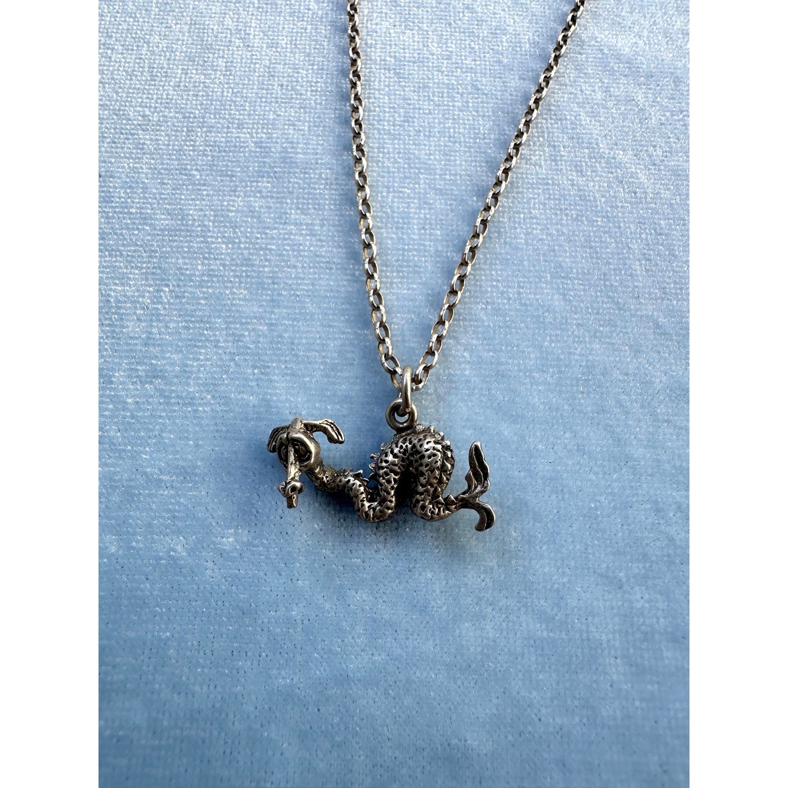 Vintage 925 Sterling Silver Chinese Dragon Pendant Necklace Serpentine Charm