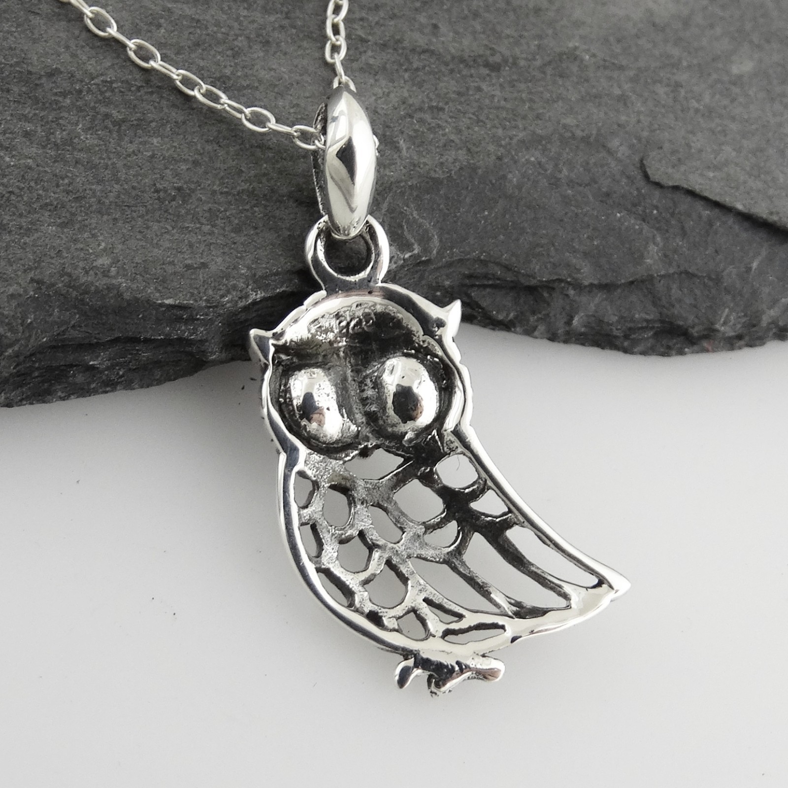 Owl Pendant Necklace – 925 Sterling Silver – Openwork Outline Bird Owls Gift