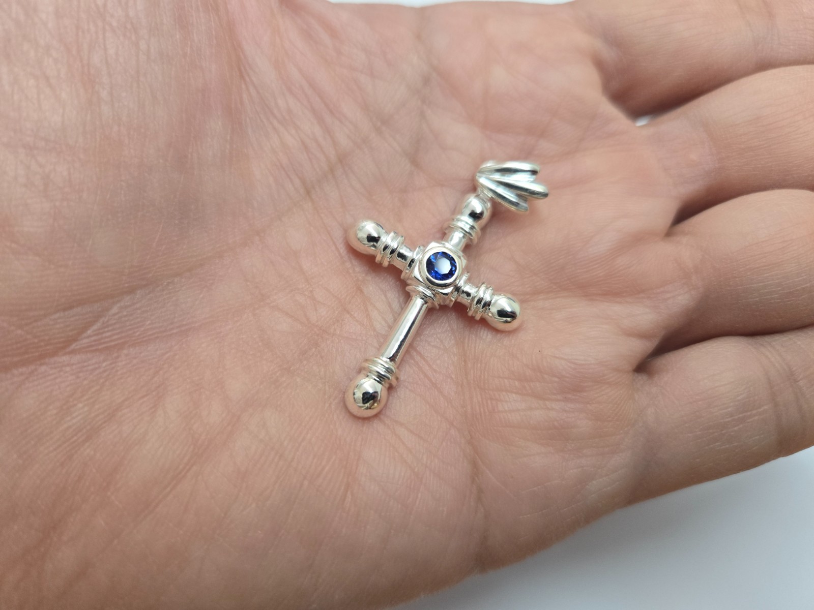 925 Sterling Silver Sapphire CZ Round Edge Cross Pendant 1 1/2 Inch (38mm) Tall