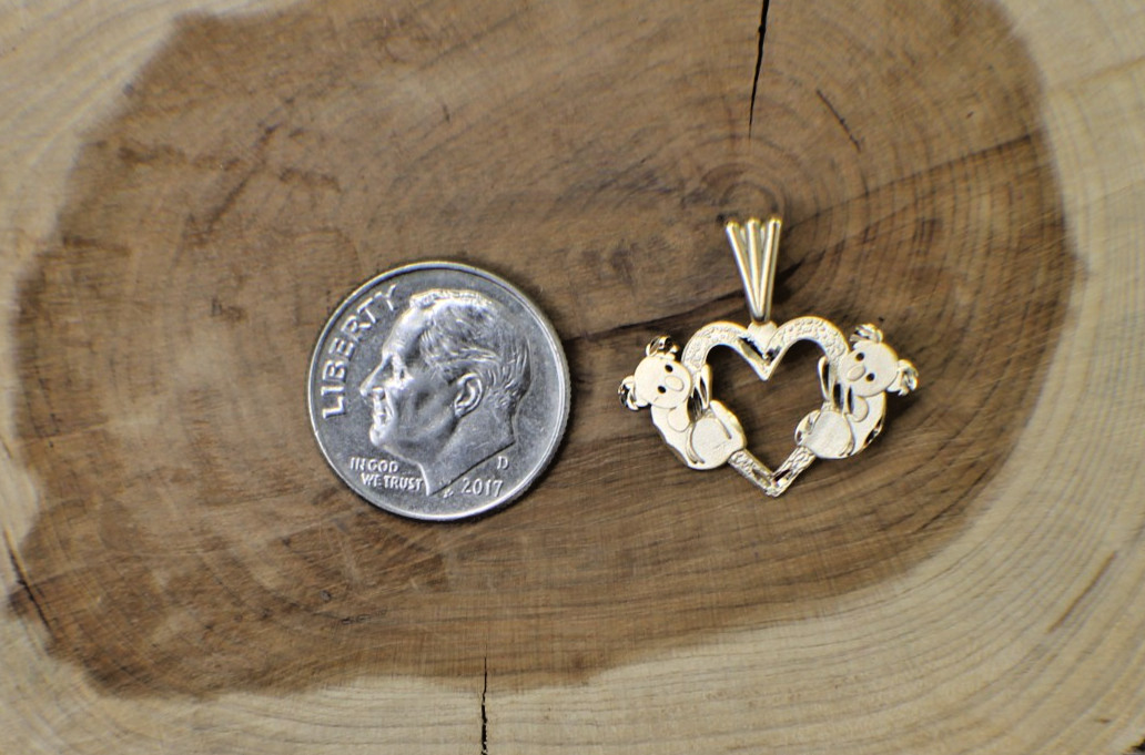 Solid 14K Yellow Gold Koala Heart Charm Pendant Australia In Love Pair
