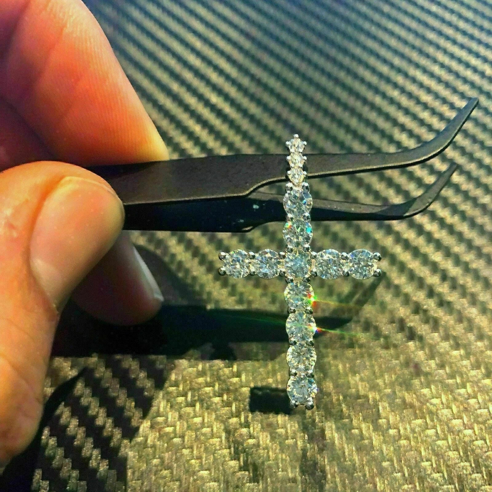 2Ct Round Lab Created Moissanite Cross Pendant 14K White Gold Plated 18″ Chain