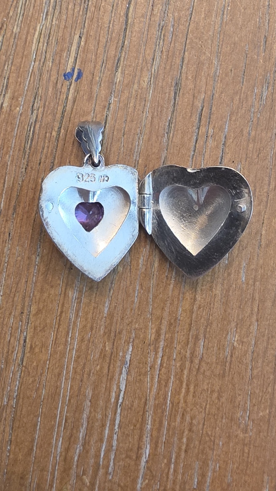 Sterling Silver .925 Puffy Heart Locket Pendant With Amethyst Stone
