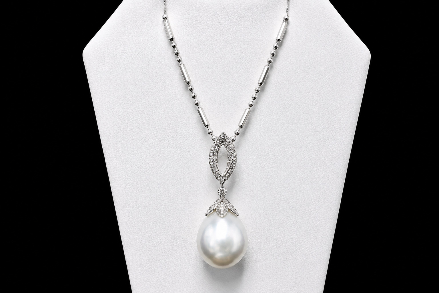 Baroque Pearl & Diamond Pendant Necklace with Bar and Ball Chain 18k White Gold