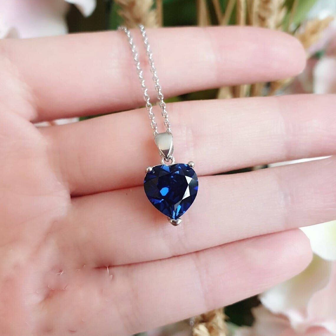 2 CT Solitaire Blue Sapphire Heart Pendant With Free Chain 14K White Gold Finish