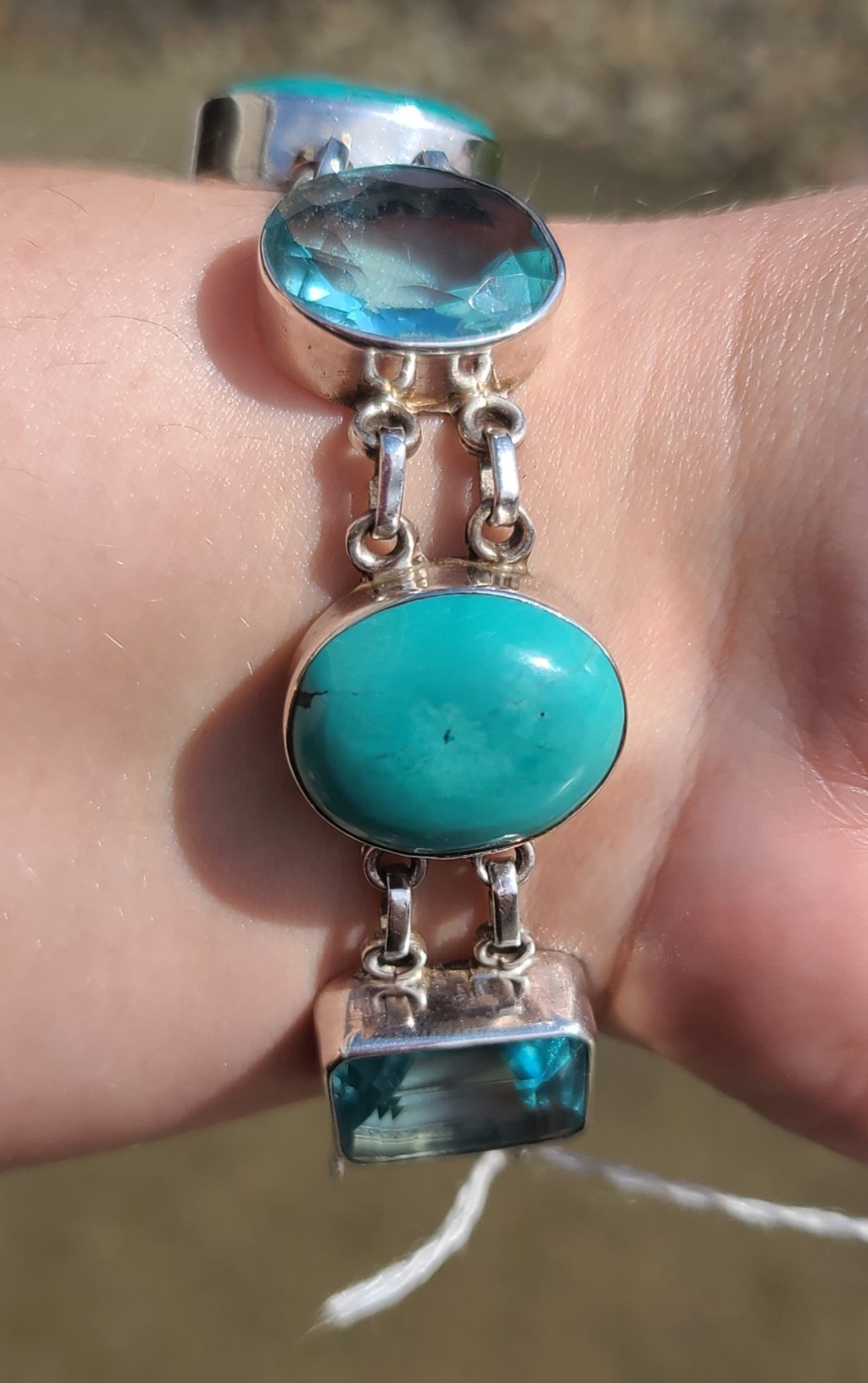 Stunning Sterling Silver Turquoise and Blue Topaz Adjustable Bracelet