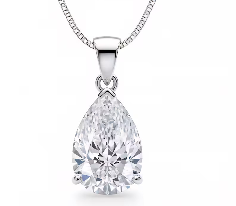 RARE 4.50Ct Treated Pear Shape White Diamond Solitaire Pendant in 925 Silver