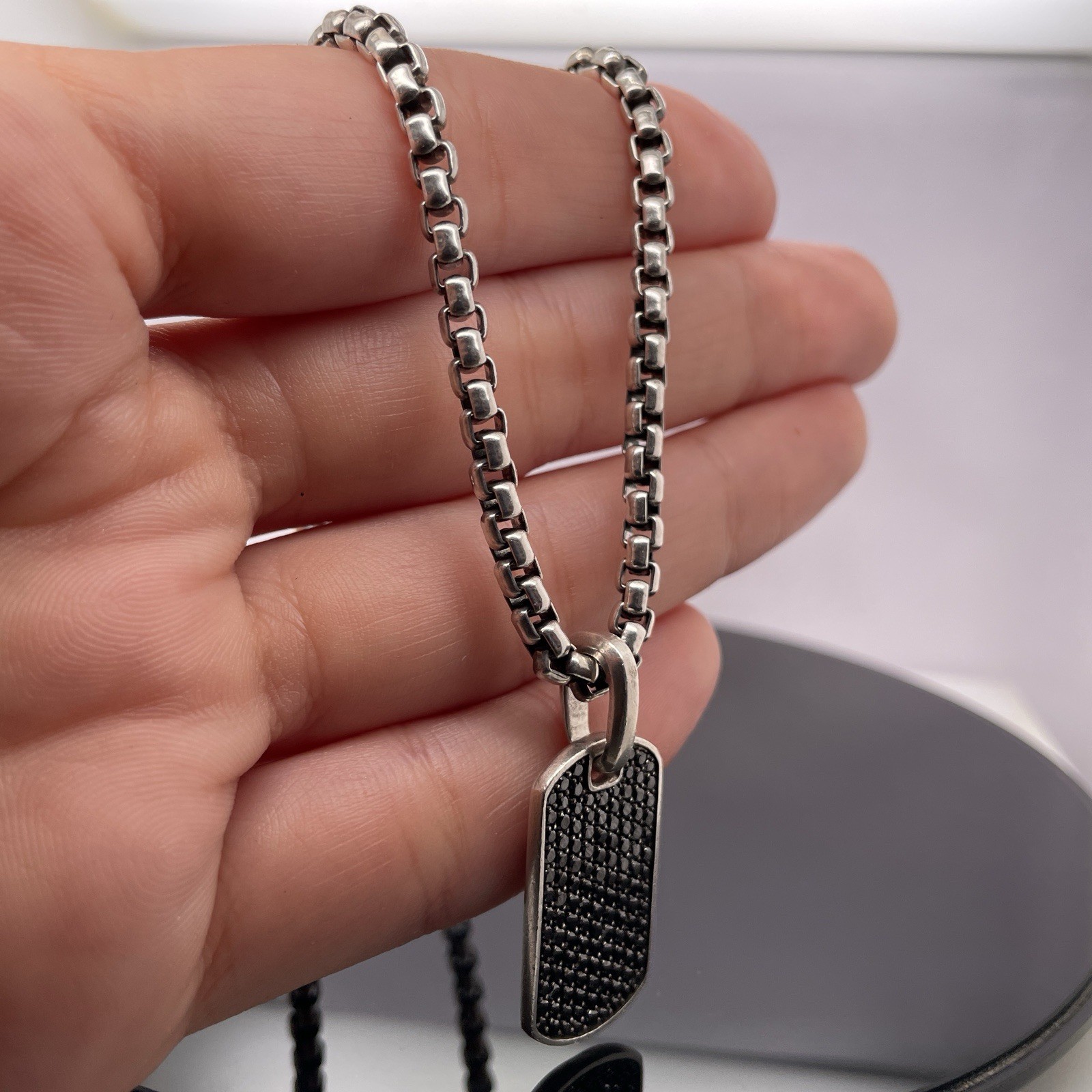 David Yurman Silver Black Diamonds Chevron Tag Pendant Necklace $2600 / 27mm