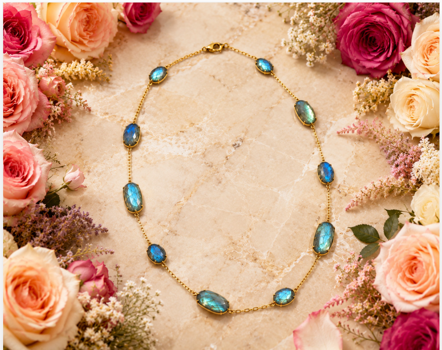 RARITIES Carol Brodie Labradorite Station Necklace 18″ Gold Vermeil NIB Card