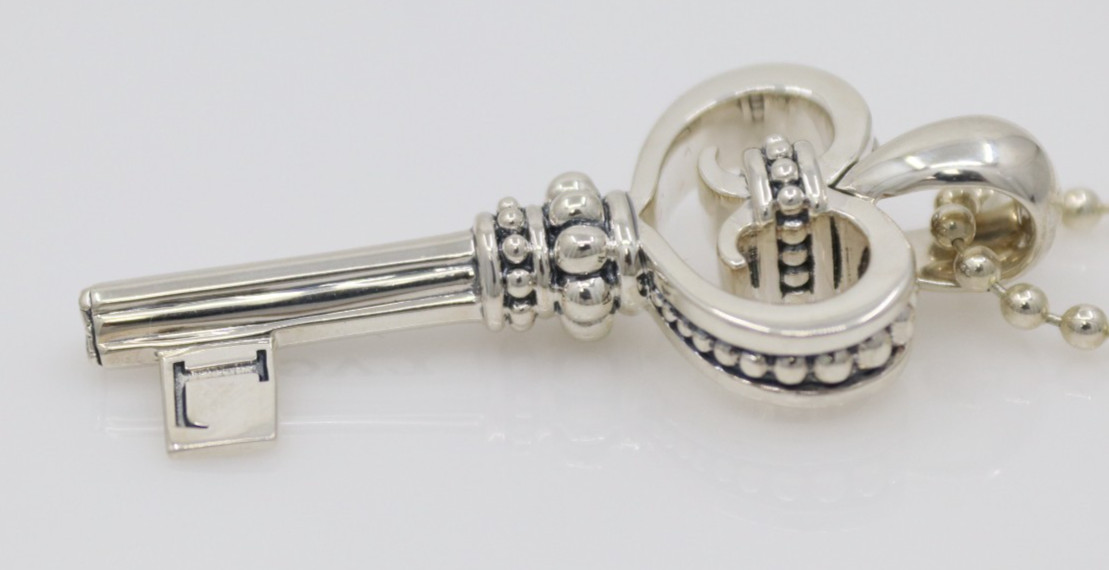 Lagos Caviar Sterling Silver Signature Key Pendant Beaded Necklace 34″ – 24G