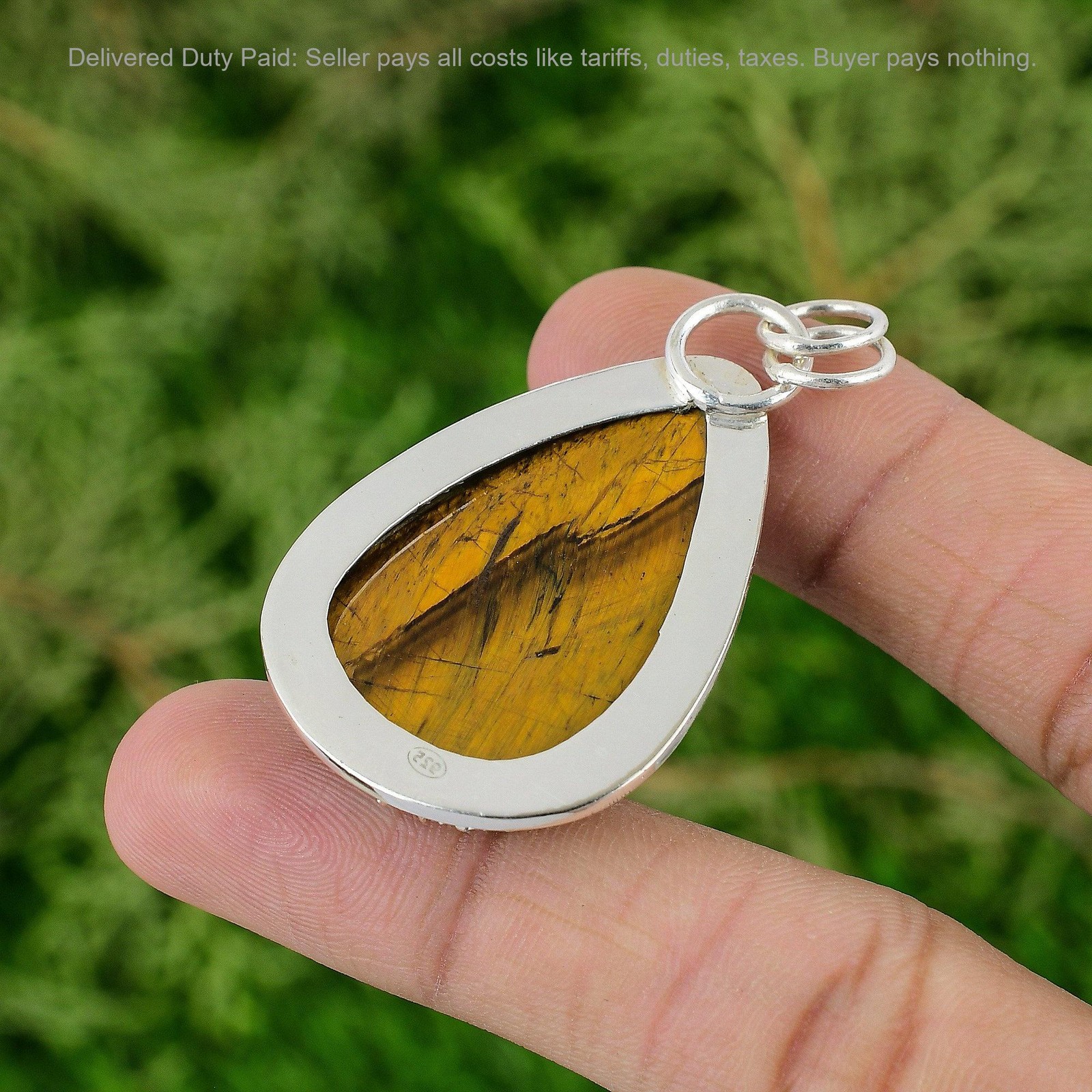 Sterling Silver Pear Tiger’s Eye Stone Wife Anniversary Birthday Bezel Pendant