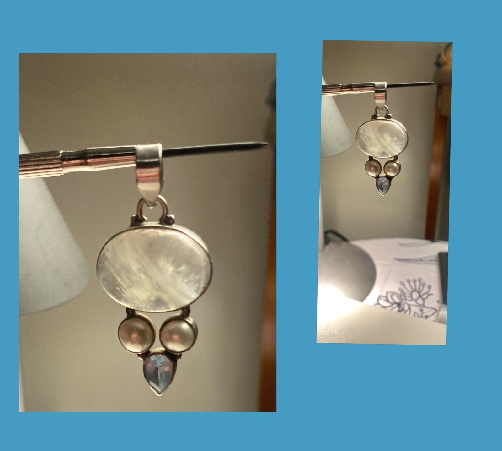 Moonstone, Aqumarine & Cultured Pearl Pendant 925 Silver 4cms Long 7 Grams