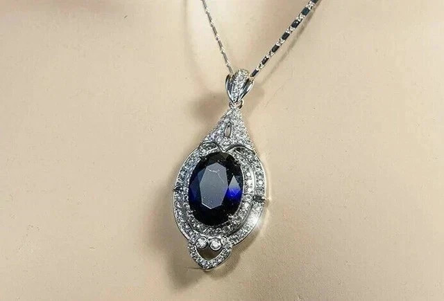 3.20Ct Oval Cut Lab Created Blue Sapphire Halo Pendant 14K White Gold Plated